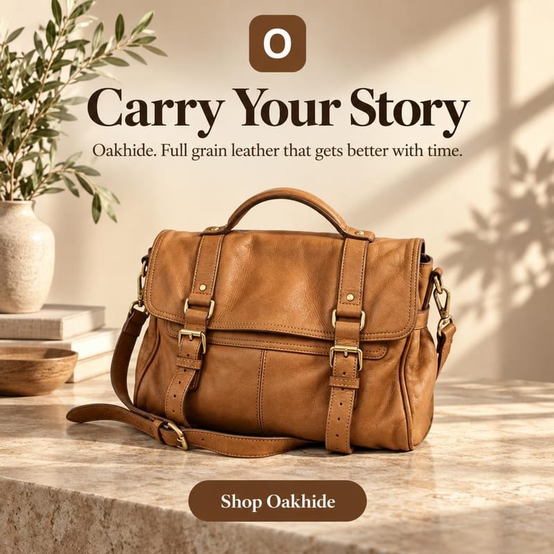 An ad poster for A tan leather bag