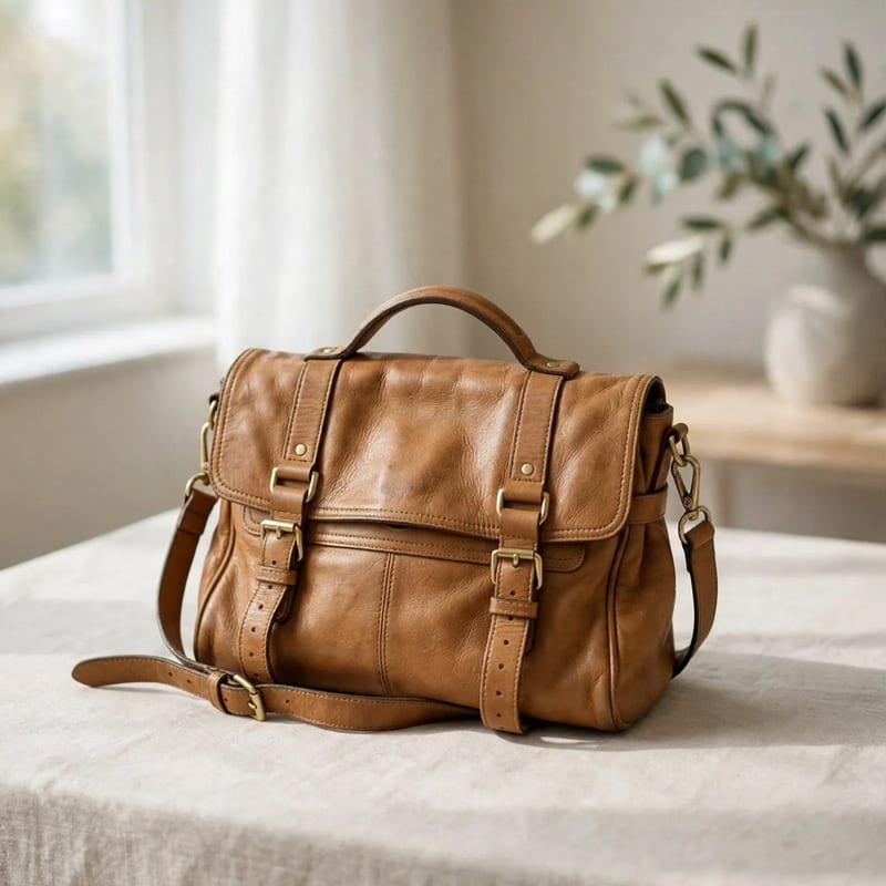 A tan leather bag in a real life setting