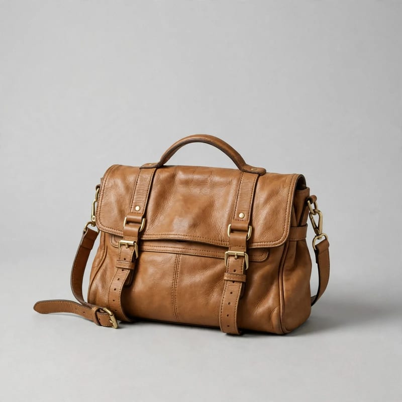 A tan leather bag in a clean studio shot