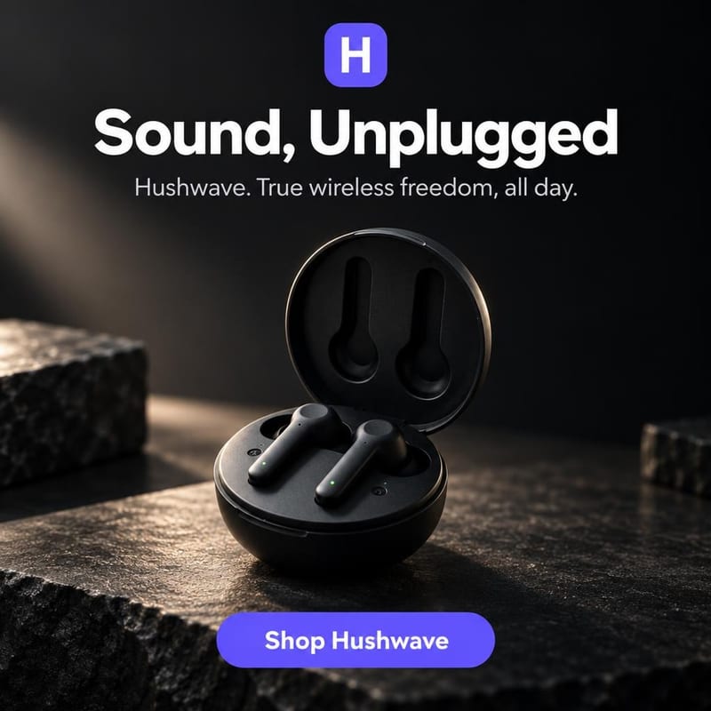 An ad poster for Black wireless earbuds