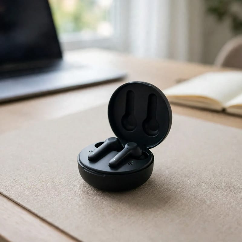 Black wireless earbuds in a real life setting