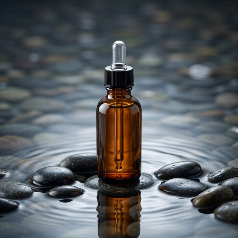 The same dropper bottle in a finished studio scene with water and dark stones
